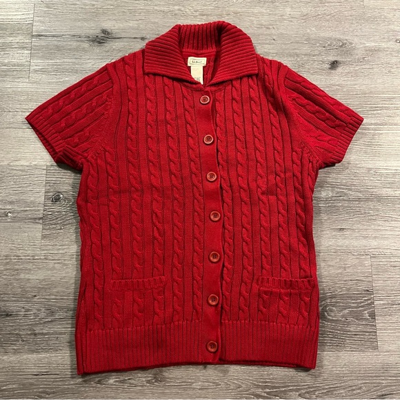 L.L. Bean Sweaters - LL Bean Red Short Sleeve Cable Knit Button Down Cardigan Sweater Large Coastal